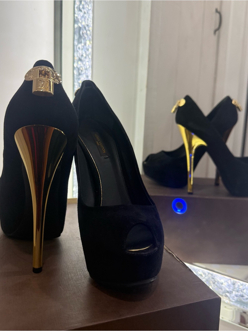 Black Suede Peep-Toe Pumps with Gold Stiletto Heel